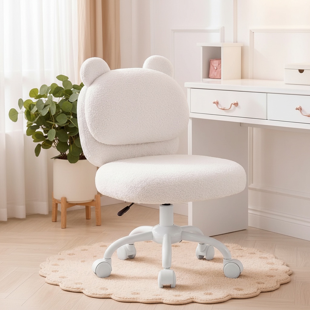 Office Furniture Hon - เก้าอี้โต๊ะเครื่องแป้ง, เก้าอี้โต๊ะทำงานน่ารัก, เก้าอี้โฮมออฟฟิศมีล้อ, สีขาว | ผ้าขนแกะเท็ดดี้,