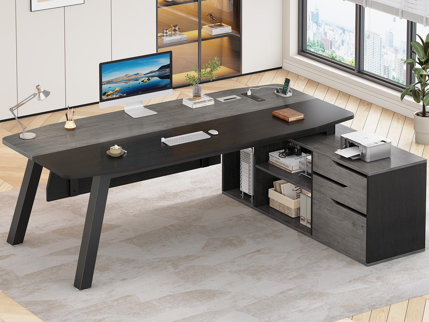 Office Furniture Usa - โต๊ะทำงานผู้บริหารขนาด 71 นิ้ว พร้อมตู้เก็บเอกสาร โต๊ะสำนักงานขนาดใหญ่พร้อมลิ้นชักและชั้นวางของ โต๊ะคอมพิวเตอร์รูปตัว