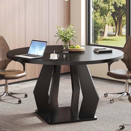 Conference Table Round - โต๊ะประชุมทรงกลมสำหรับ 4-6 คน โต๊ะประชุมทรงกลมพร้อมท็อปโต๊ะหนาและฐานไม้สำหรับสำนักงาน ห้องประชุม