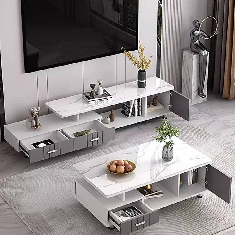 Office Furniture Center - โต๊ะวางทีวีแบบมีลิ้นชักตรงกลาง โต๊ะกาแฟสีขาวสไตล์นอร์ดิก โต๊ะวางจอภาพ โต๊ะวางทีวีสำหรับห้องนั่งเล่น ตู้เก็บของ ตู้วางทีวี